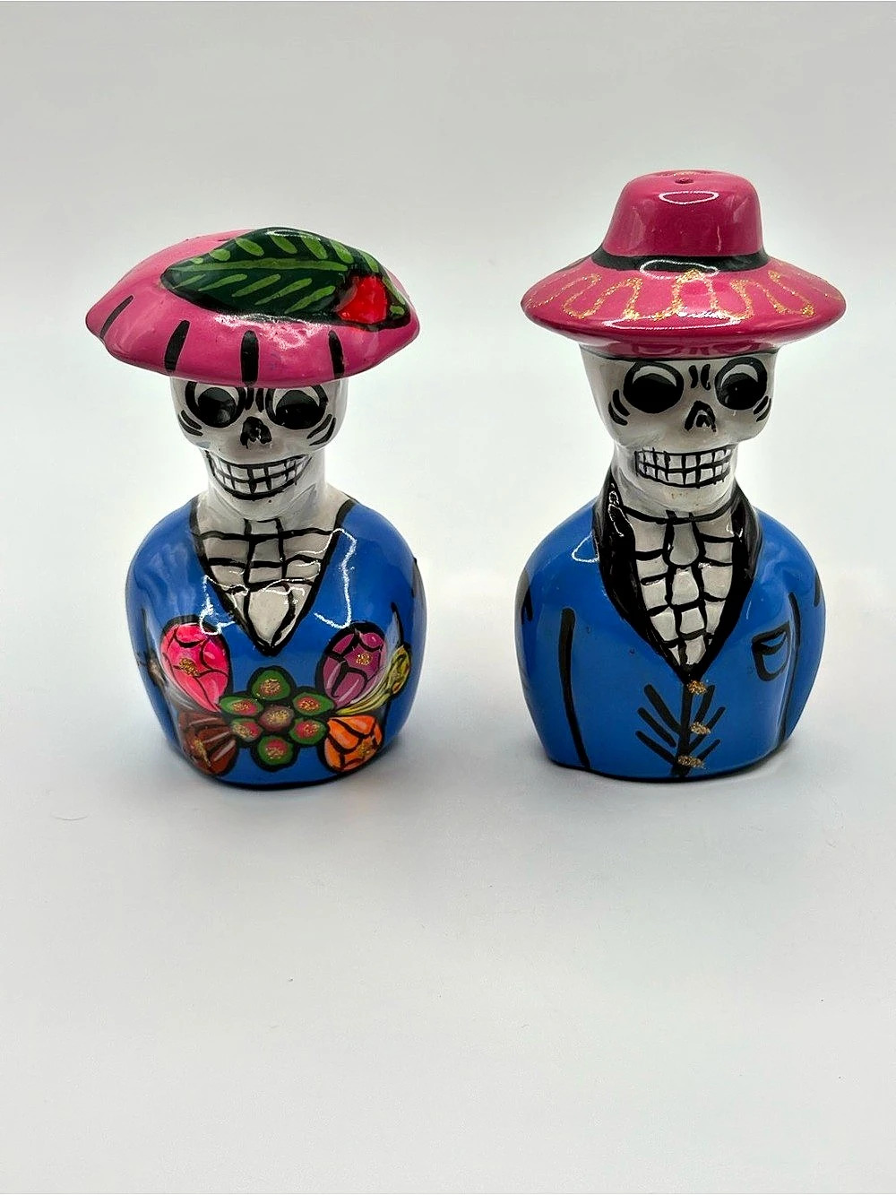 Day of the Dead Man Woman figure shakers Colorful Folk art ceramic Mexico 4”